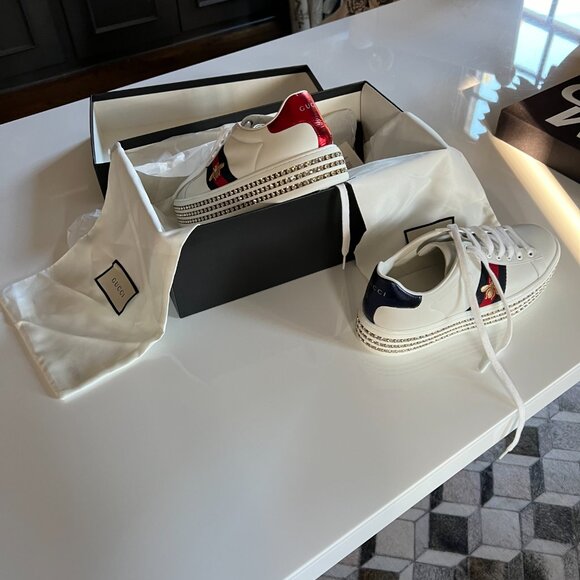 Gucci White Leather Crystal Studded Ace Lace Up Sneakers Size 38 - Picture 11 of 11